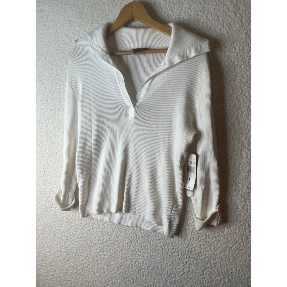 Lauren Ralph Lauren White Ribbed Knit Polo Collar Sweater NWT Large Braided Cuff